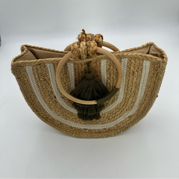 World Market Rattan Woven Bag, Wooden Handles and Tassel - Picture 3 of 8